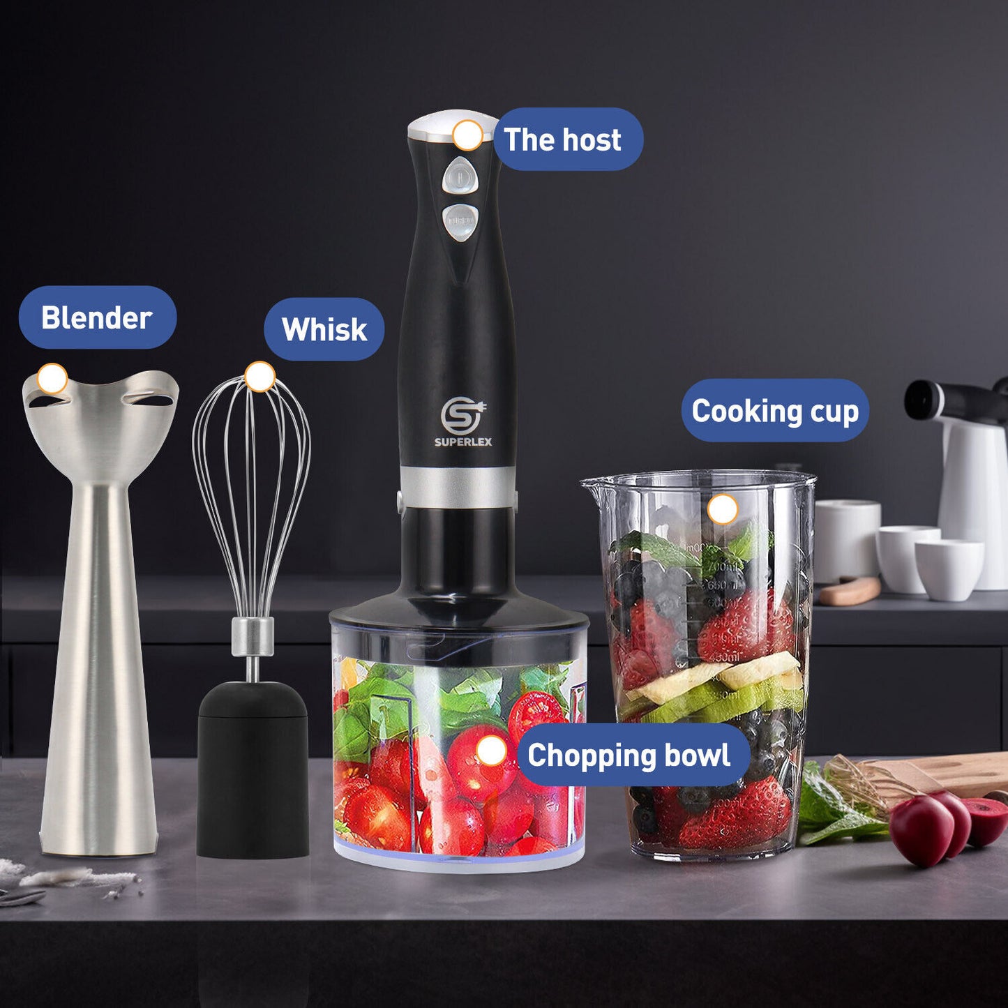 Handheld Blender Stick Food Processor Mixer Whisk & Chopper& Cup Stainless Steel