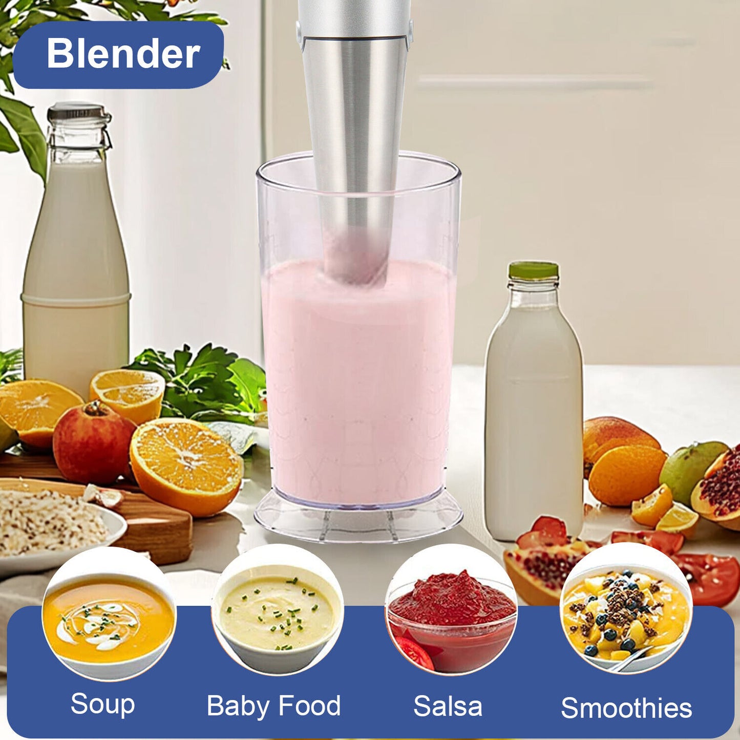 Handheld Blender Stick Food Processor Mixer Whisk & Chopper& Cup Stainless Steel
