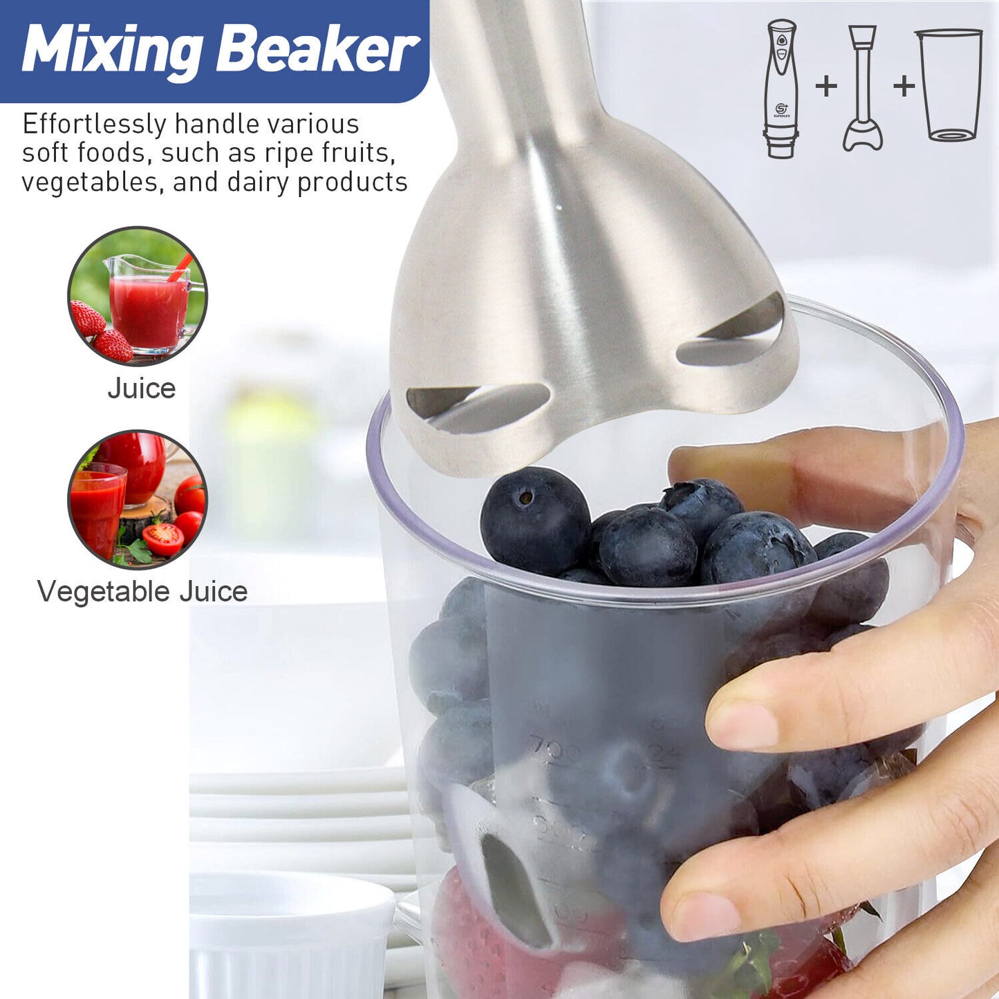Handheld Blender Stick Food Processor Mixer Whisk & Chopper& Cup Stainless Steel