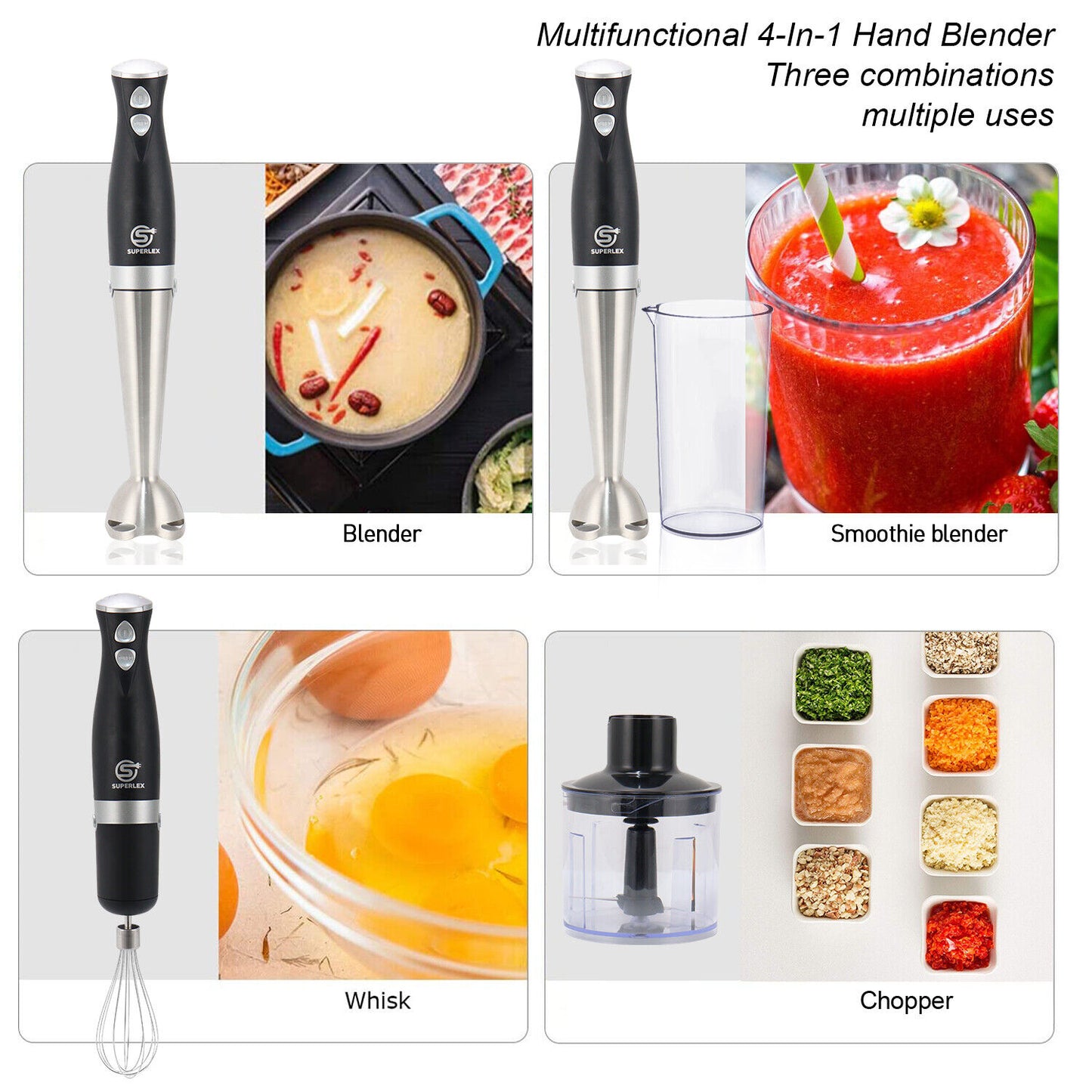 Handheld Blender Stick Food Processor Mixer Whisk & Chopper& Cup Stainless Steel