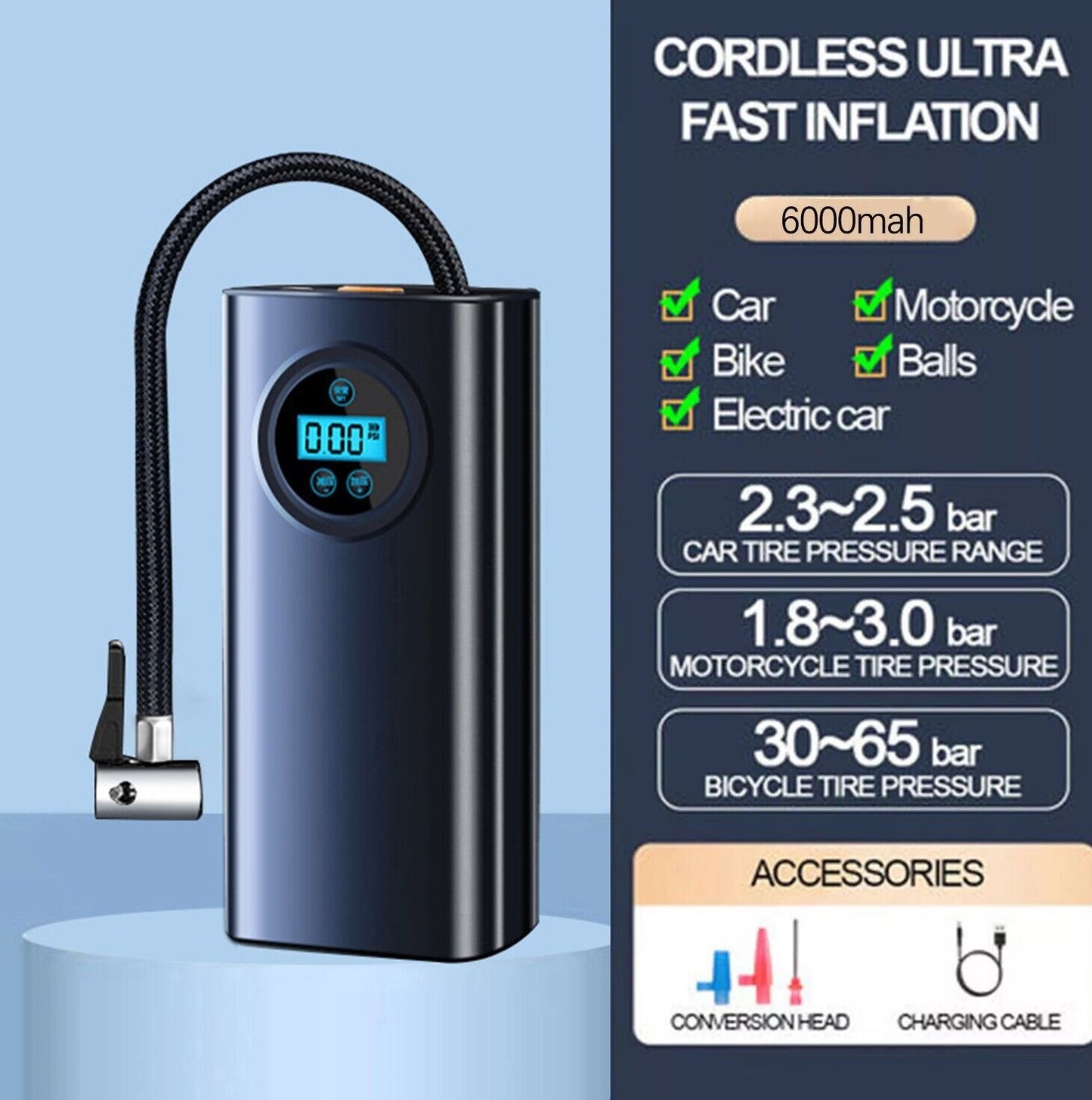 Car Tyre Inflator Cordless Digital USB Rechargeable Tire Air Compressor Pump UK