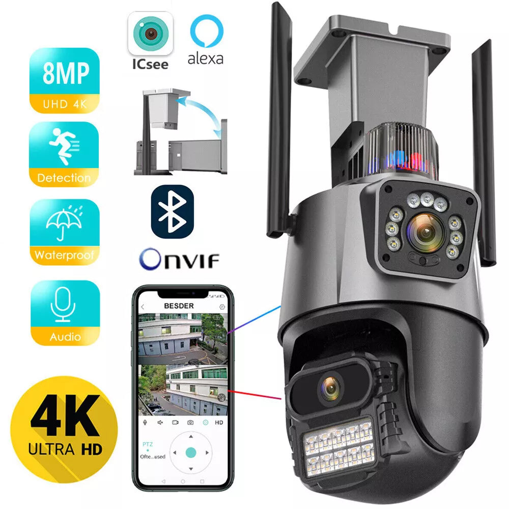 8MP Dual Len Wireless IP Camera WIFI Outdoor CCTV PTZ Smart Home Security IR Cam
