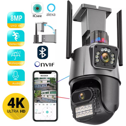 8MP Dual Len Wireless IP Camera WIFI Outdoor CCTV PTZ Smart Home Security IR Cam