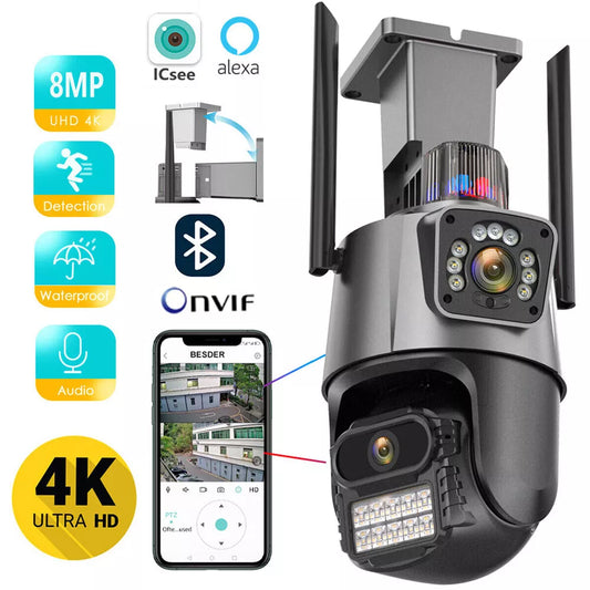 8MP Dual Len Wireless IP Camera WIFI Outdoor CCTV PTZ Smart Home Security IR Cam