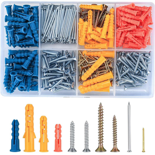 360 Pcs Plasterboard Screws and Wall Plugs and Nails Set,Assorted Masonry Brick