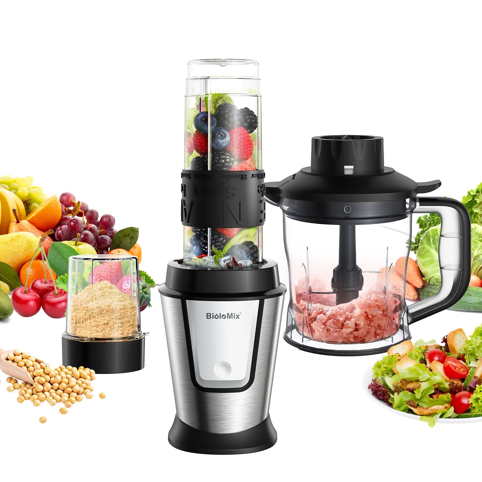 3-In-1 Multifunctional Food Processor 700W Portable Juicer Blender Personal Smoothie Mixer Food Chopper and Dry Grinder