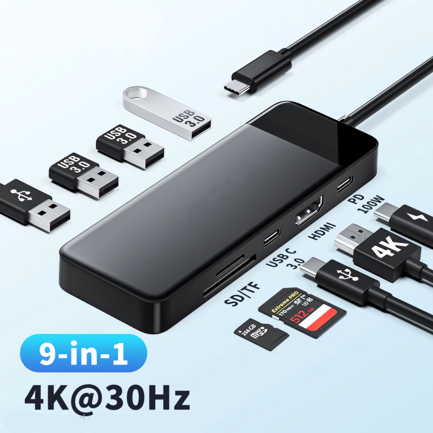 9 Ports USB C Hub Type C Docking Station Adapter 4K 30Hz HDMI 100W PD with SD/TF Card Slot for Macbook Laptop