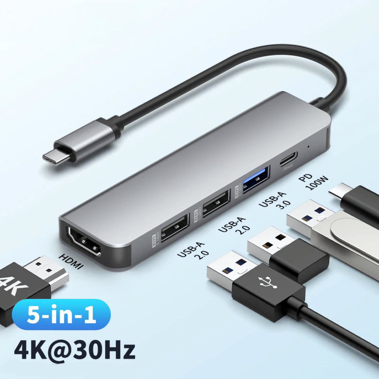 5 Ports USB HUB to HDMI 4K30Hz Display USB C HUB 3.0 5Gbps High Speed Power 100W for Macbook Ipad M1 M2