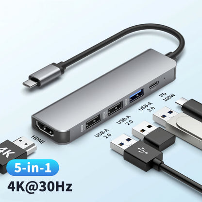 5 Ports USB HUB to HDMI 4K30Hz Display USB C HUB 3.0 5Gbps High Speed Power 100W for Macbook Ipad M1 M2