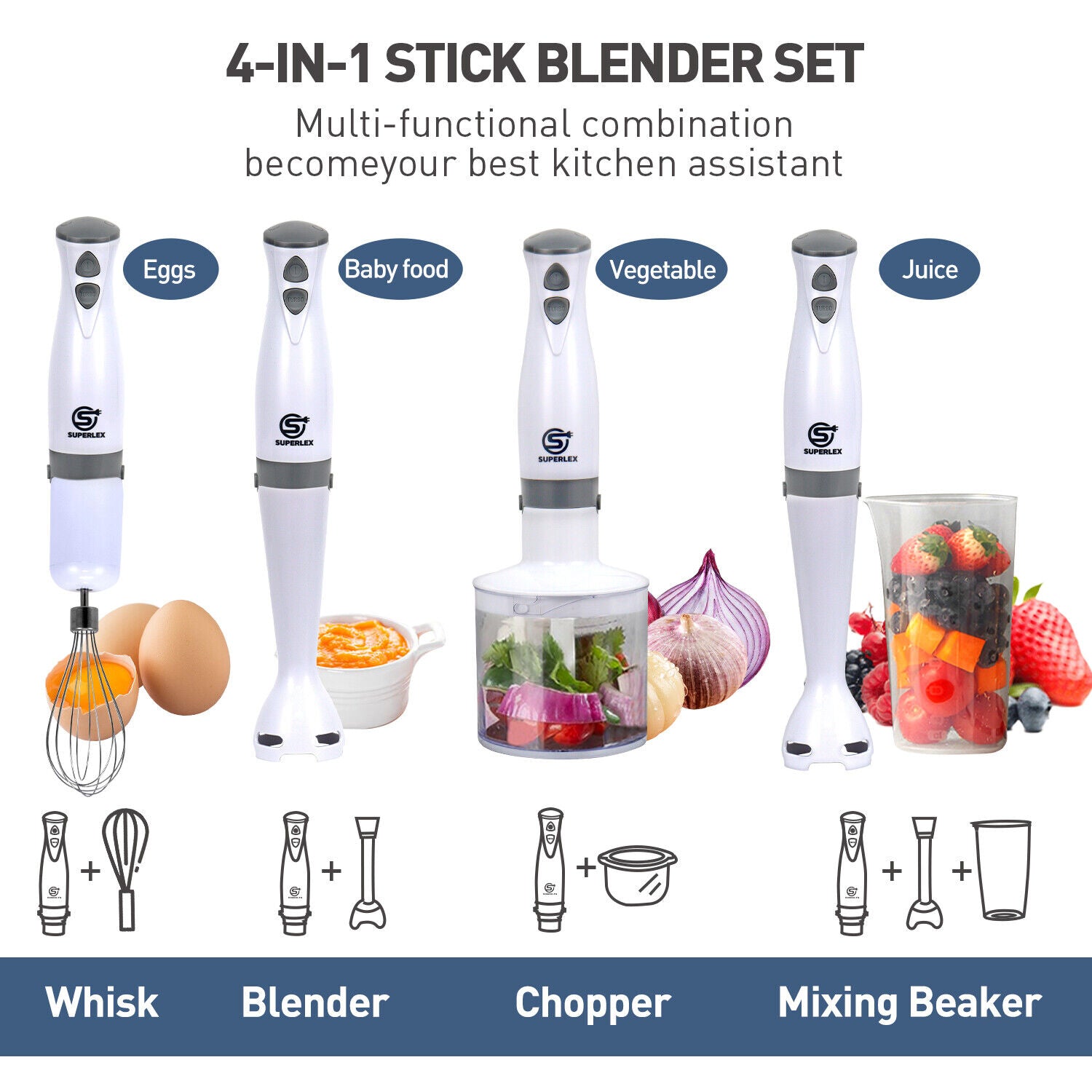 SUPERLEX Hand Blender & Whisk & Chopper Curry Puree Food Mixer &Liquidiser 700ML