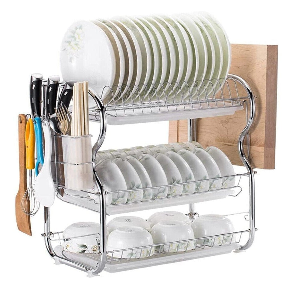 3 Tier Dish Drainer Rack with Drip Tray Kitchen Drying Rack Bowl Plate Holder UK - Scott3