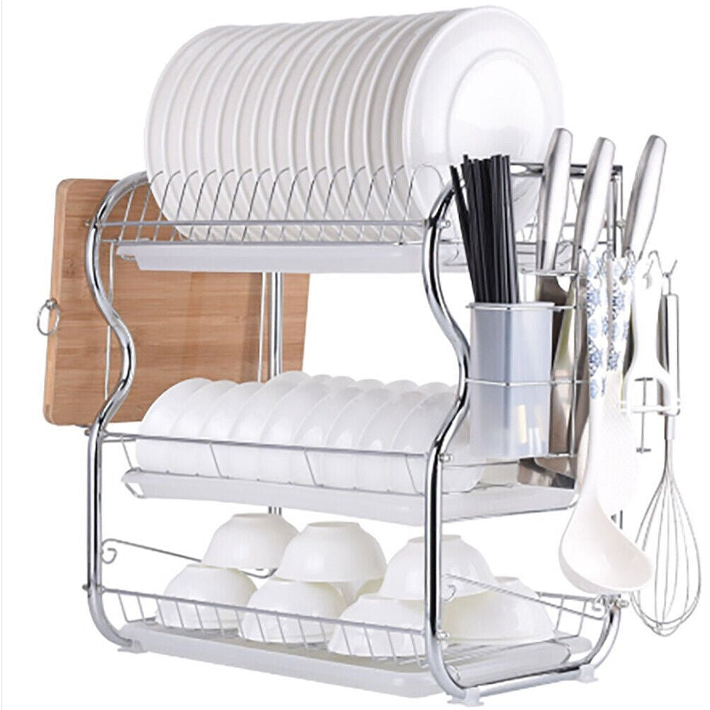 3 Tier Dish Drainer Rack with Drip Tray Kitchen Drying Rack Bowl Plate Holder UK - Scott3