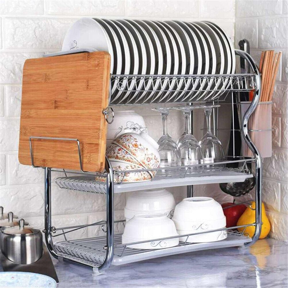 3 Tier Dish Drainer Rack with Drip Tray Kitchen Drying Rack Bowl Plate Holder UK - Scott3