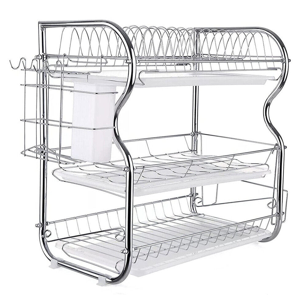 3 Tier Dish Drainer Rack with Drip Tray Kitchen Drying Rack Bowl Plate Holder UK - Scott3