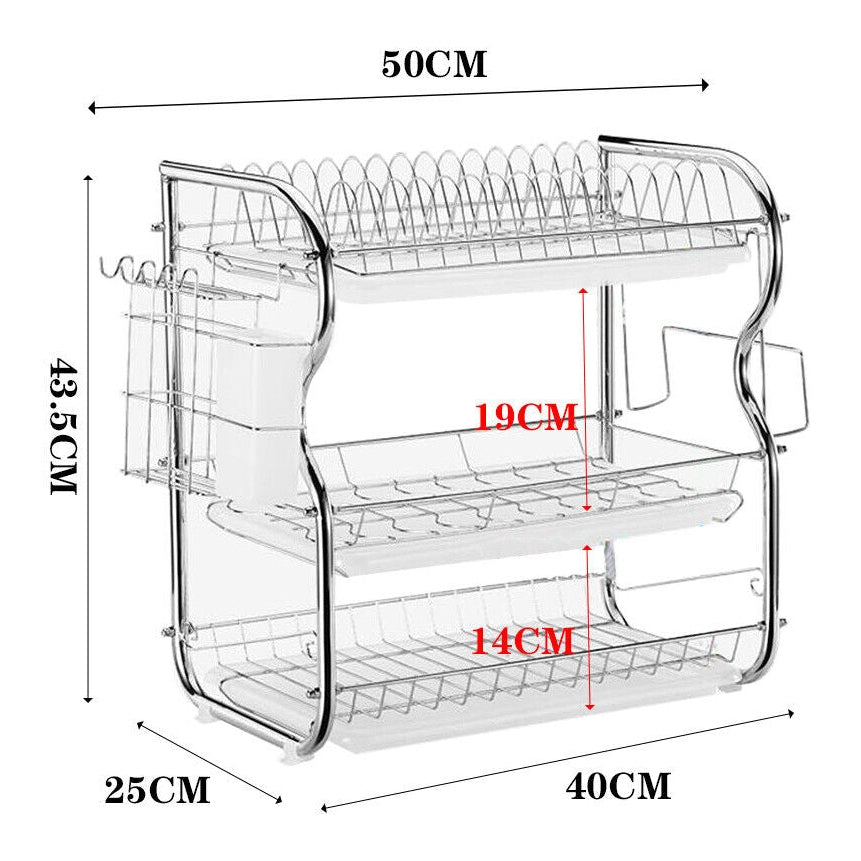 3 Tier Dish Drainer Rack with Drip Tray Kitchen Drying Rack Bowl Plate Holder UK - Scott3