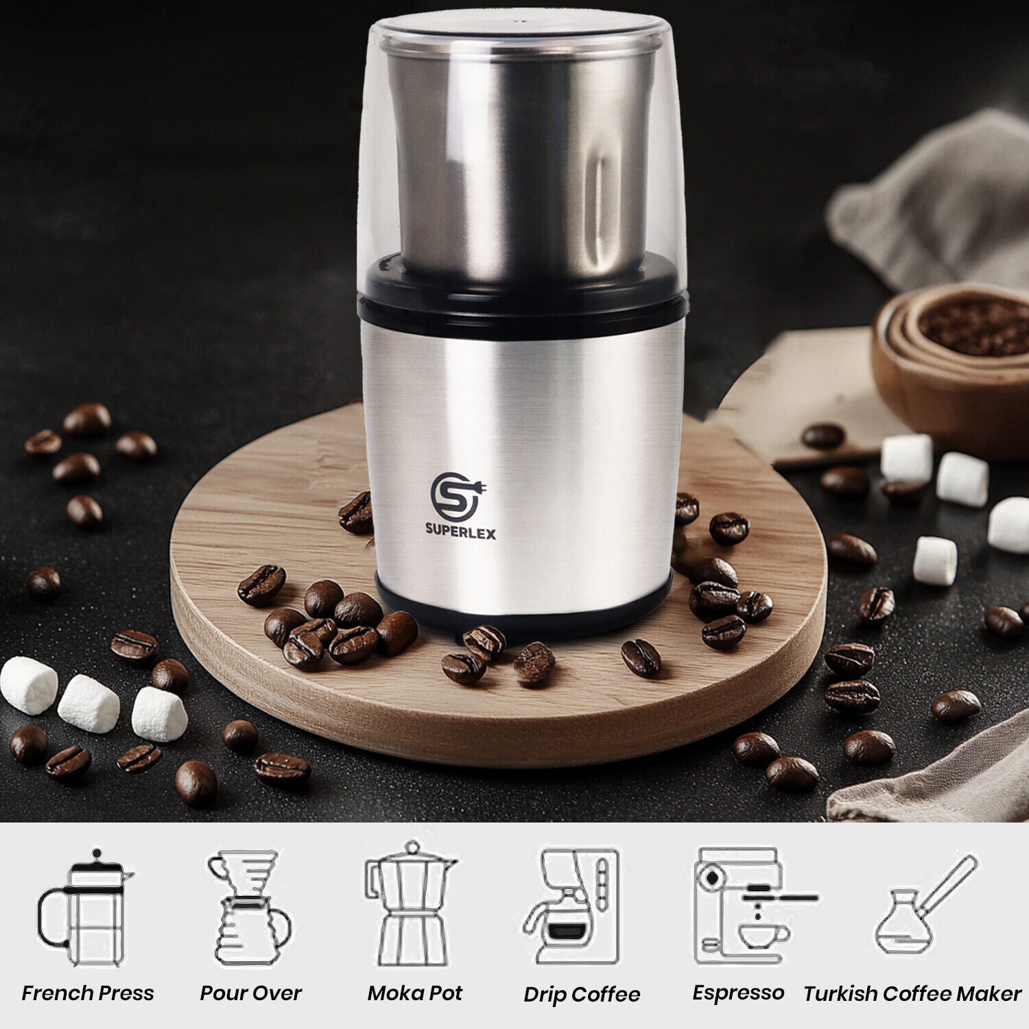 SUPERLEX Electric Coffee Grinder Easy Operation / Clean Milling Nut Bean Spice