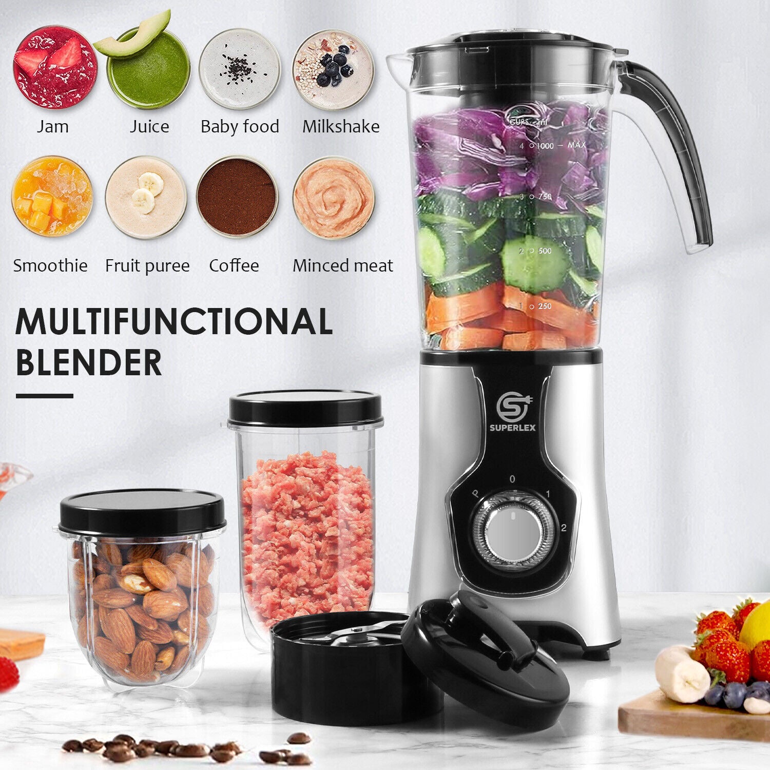 SUPERLEX 6-IN-1 Jug Blender Milkshake, Ice Crusher, Smoothies Maker, Fruit Juice