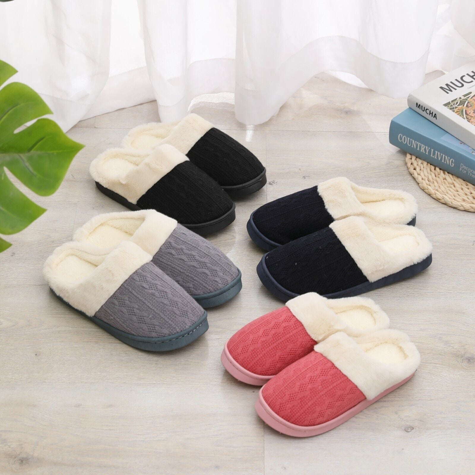 LADIES WOMENS WARM FAUX FUR LINED COMFY HARD SOLE OUTDOOR SLIPPERS SHOES SIZE