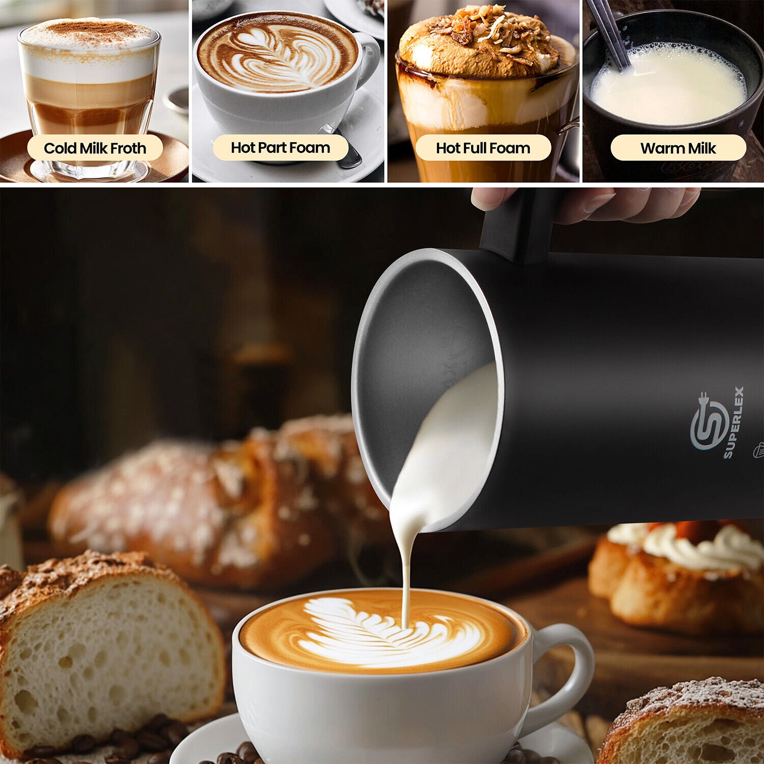 SUPERLEX Electric Milk Steamer Foaming & Coffee, Latte, Cappuccino,Hot Chocolate