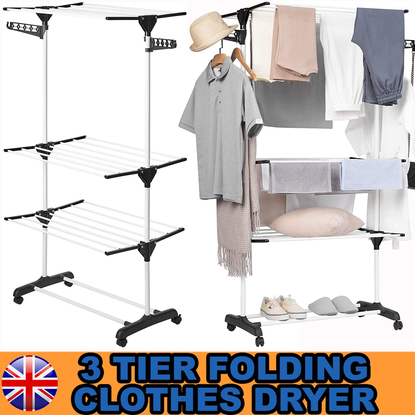 Folding 3 Tier Clothes Airer Drying Rack Laundry Washing Drier Indoor Outdoor