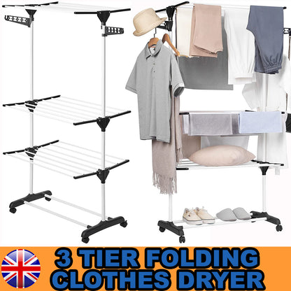 Folding 3 Tier Clothes Airer Drying Rack Laundry Washing Drier Indoor Outdoor