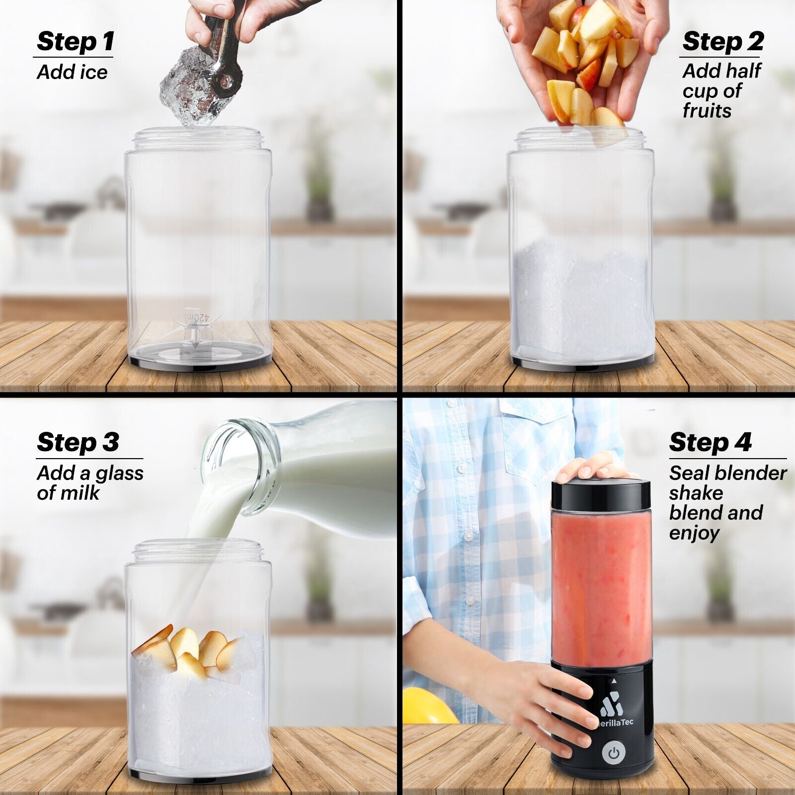 Guerillatec Portable Blender USB Rechargeable, 420Ml Mini Smoothie Maker - Gym