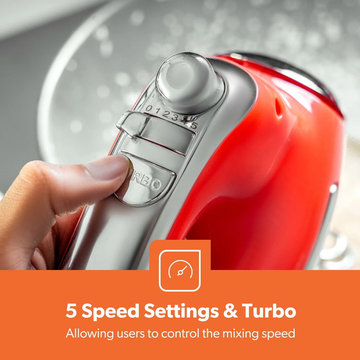 5-Speed Red and Chrome Retro Hand Mixer and Whisk