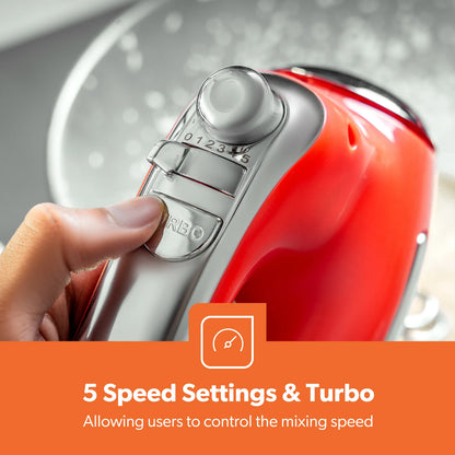 5-Speed Red and Chrome Retro Hand Mixer and Whisk