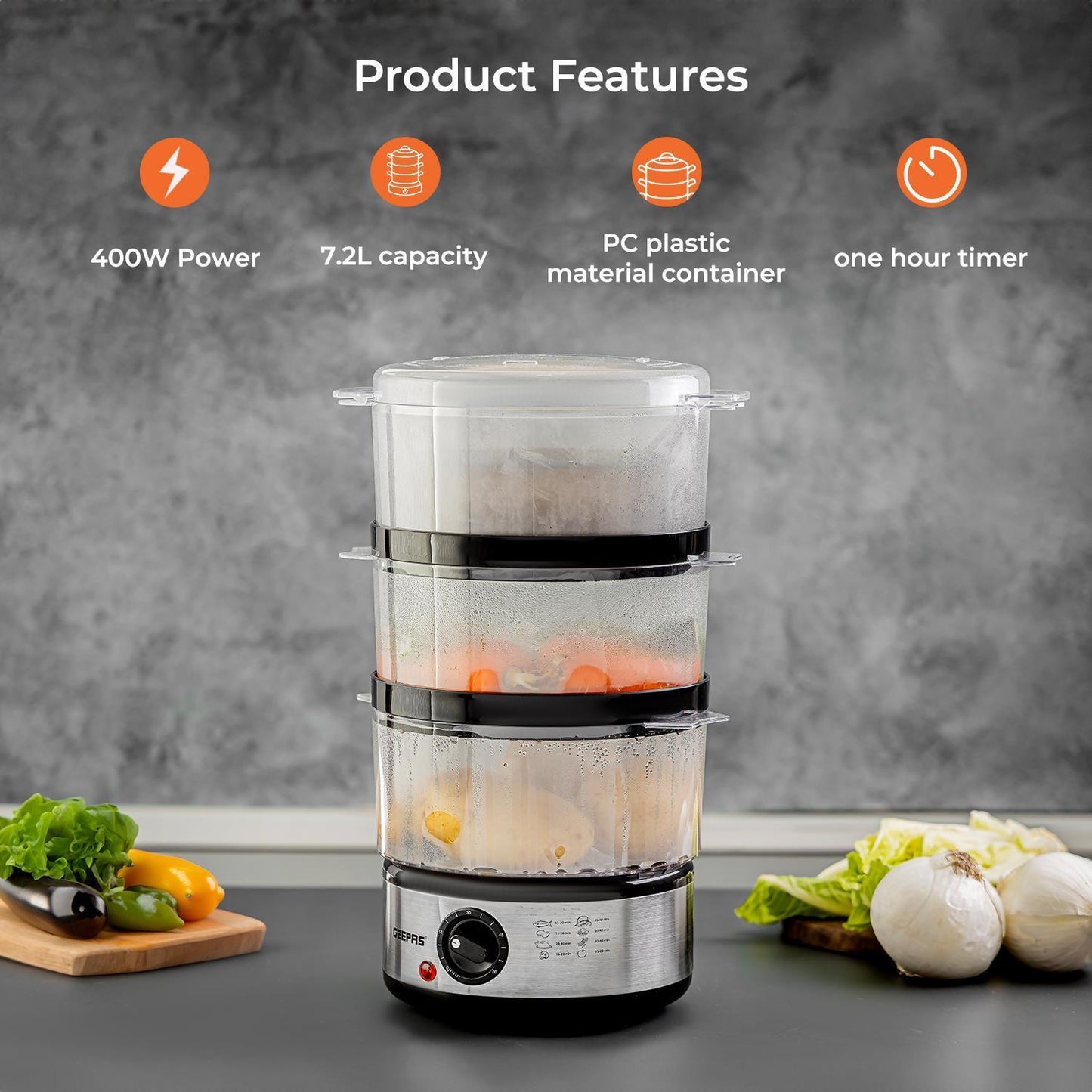 3-Tier Food Steamer 7.2L Electric Vegetable Steamer Healthy Steam Multi-Cooker