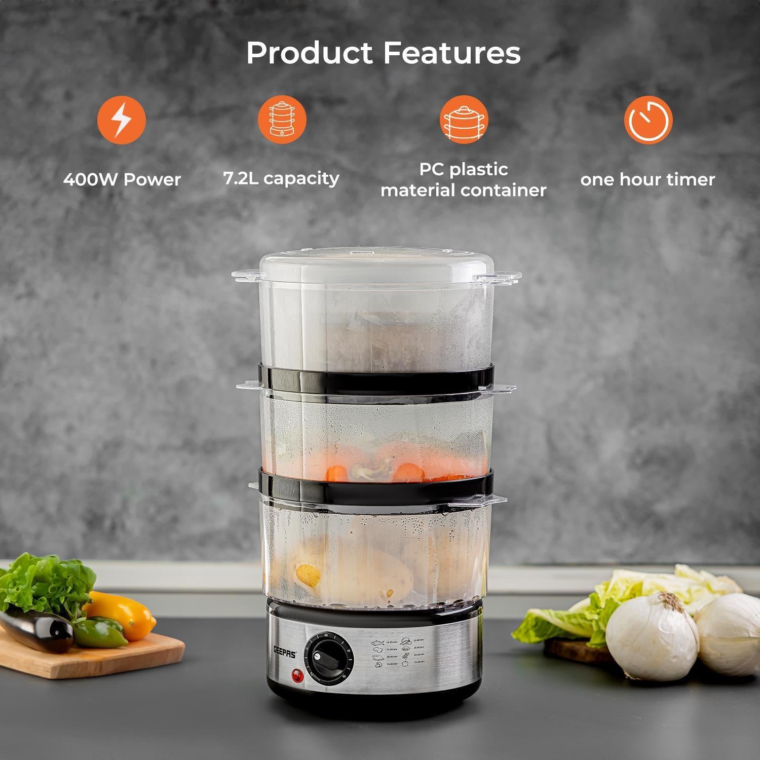3-Tier Food Steamer 7.2L Electric Vegetable Steamer Healthy Steam Multi-Cooker