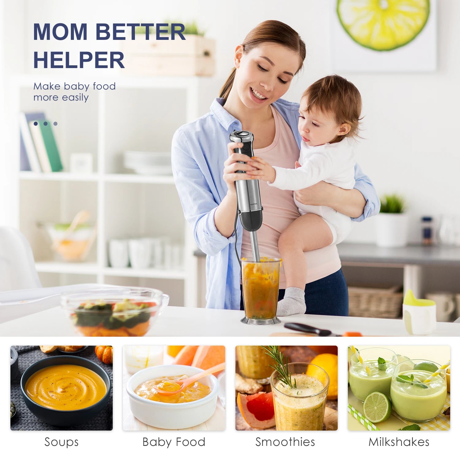 Hand Blender 1000W,  5-In-1 Electric Stick Blender, Copper Motor Stainless Steel Blade Stick Blender Mixer with Turbo Mode