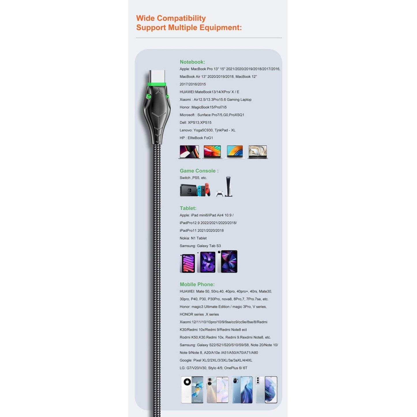 Type C to Type C Cable PD 60W Fast Charger Braided Long USB Lead LED for Samsung - Scott3