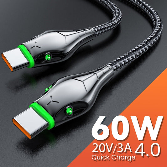 Type C to Type C Cable PD 60W Fast Charger Braided Long USB Lead LED for Samsung - Scott3